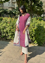 Maroon Ajrak Cotton Suit & Applique Mulmul Dupatta